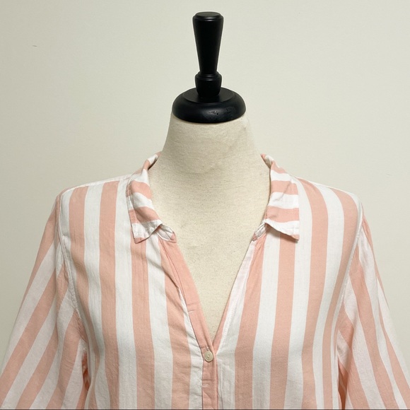 J Crew Peach White Stripe V Neck Button Down 1/2 Sleeve Blouse XL Cotton Collar - Picture 3 of 9